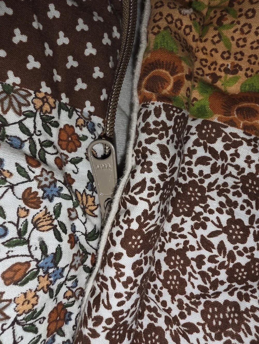 Vintage 1960s 1970s Cotton Brown Quilted Patch Work Floral Sleeping Bag Blanket